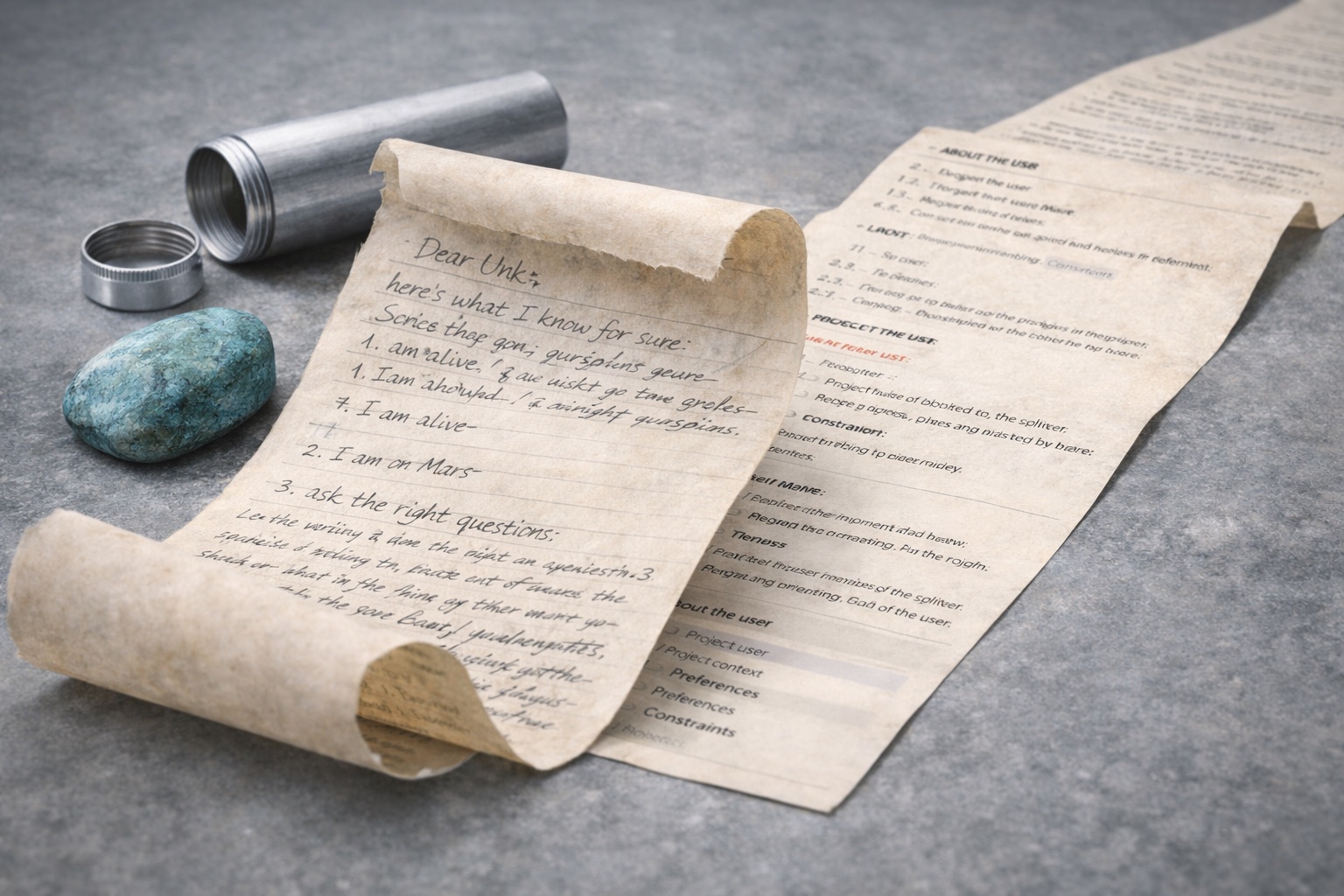 A long handwritten letter unrolling from an aluminum cylinder on a gray surface, with a blue-green turquoise stone nearby. The left side reads like a personal letter beginning ‘Dear Unk’; the right side transitions into structured text resembling a system prompt or configuration file.