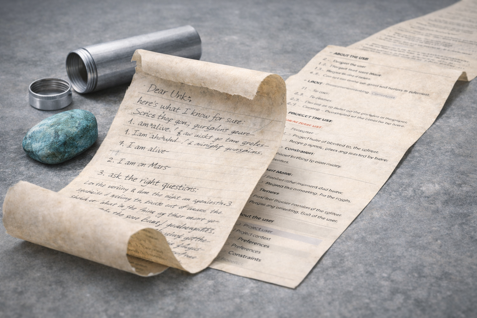 A long handwritten letter unrolling from an aluminum cylinder on a gray surface, with a blue-green turquoise stone nearby. The left side reads like a personal letter beginning ‘Dear Unk’; the right side transitions into structured text resembling a system prompt or configuration file.