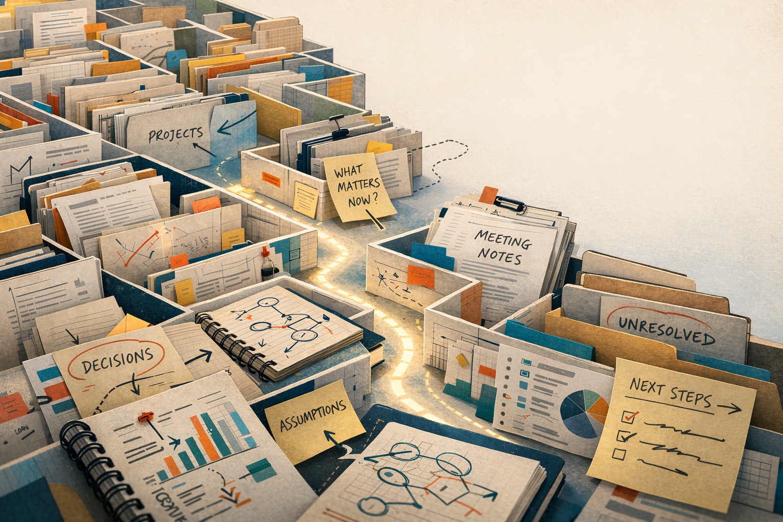An illustrated maze made of folders, notebooks, and sticky notes labeled with knowledge worker concerns — decisions, assumptions, meeting notes, what matters now, unresolved, next steps — with a glowing path winding through the middle.